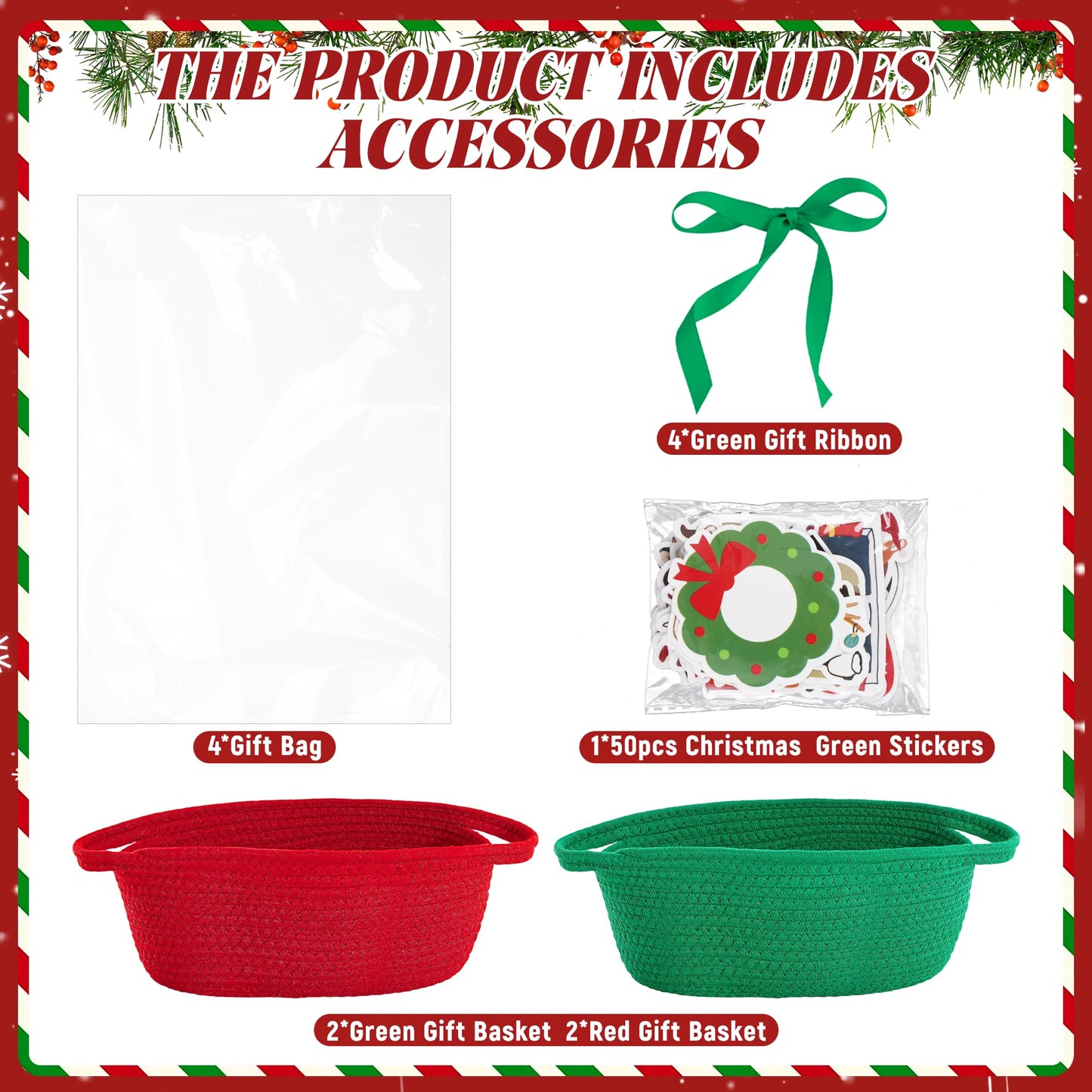 4pcs Christmas Gift Basket Empty, Christmas Woven Basket with Handles, Decorative Rope Woven Storage Basket Xmas Gift Baskets with Gift Bags Sticker and Ribbons for Xmas Empty Decorative Gift Box