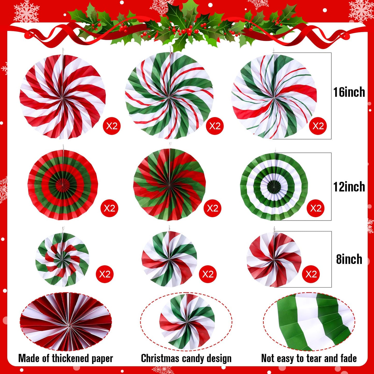 Outus Christmas Hanging Decorations Candy Paper Fans Peppermint Hanging Paper Fans Candy Cane Ceiling Wall Decor for Christmas Party Classroom Birthday Party(9 Pcs,Fresh)