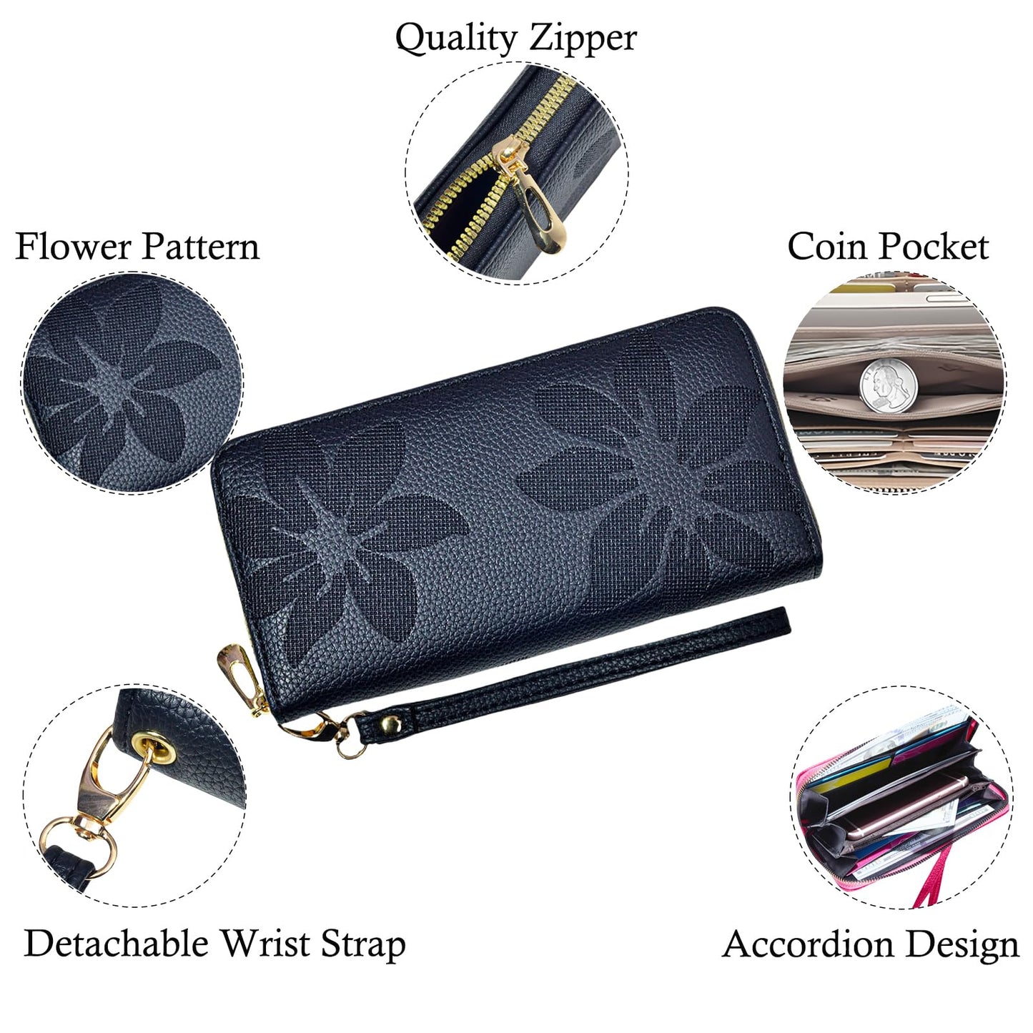 Bakurok Womens Wallet RFID Wristlet Wallet for Women Zip Around Credit Card Holder Floral Leather Ladies Clutch Long Purse