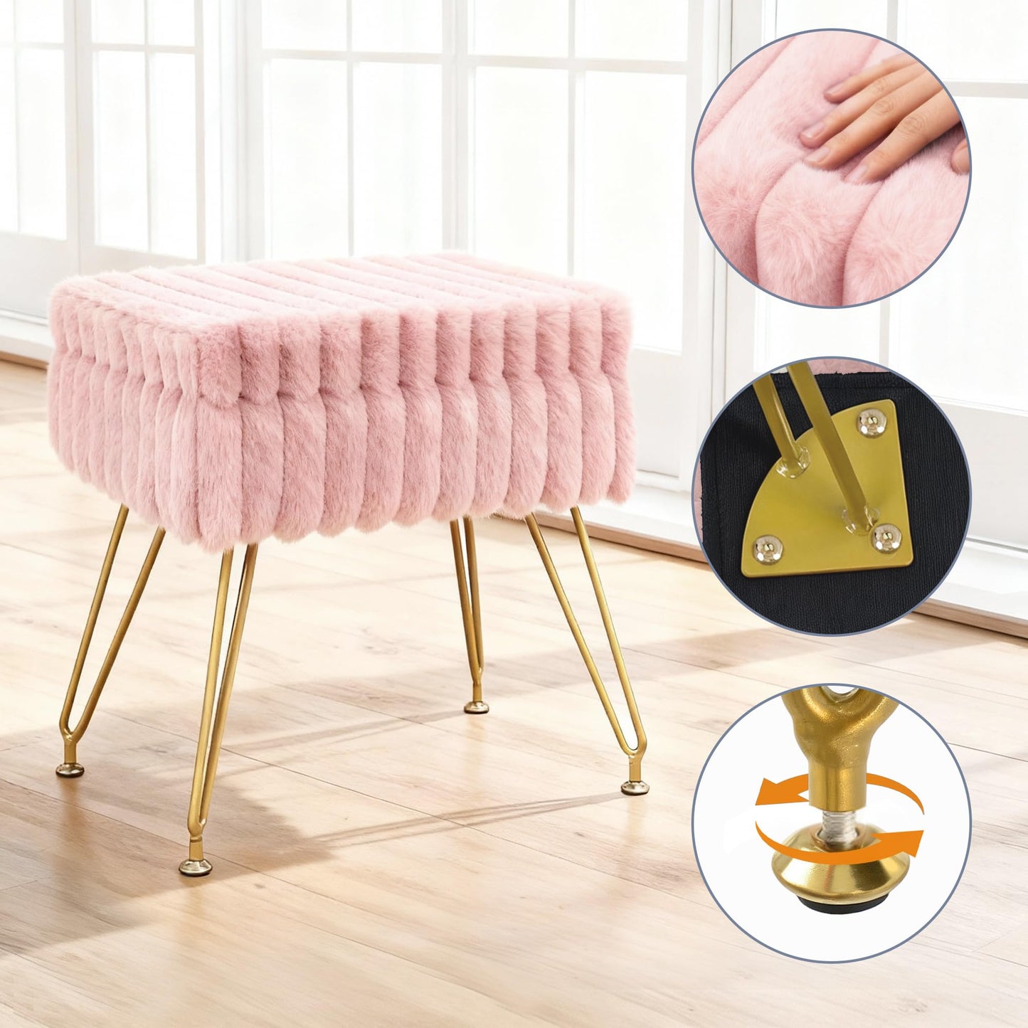 xupersodys Vanity Stool Chair with Storage, Faux Fur Soft Padded Ottoman with Coffee Table, Modern Vanity Chair Fluffy Footstool with Metal Legs for Makeup, Living Room,Bedroom Pink