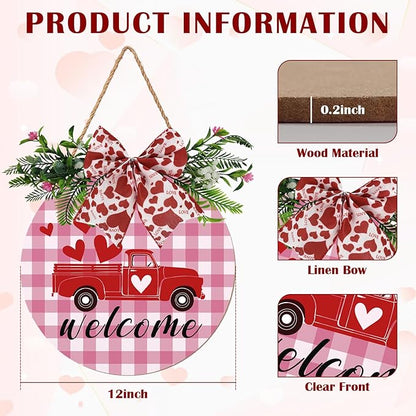 Valentines Day Door Sign for Front Porch Farmhouse Decor Welcome Red Truck with Hearts Hanging Round Wood Signs with Bow and Wreath Rustic Love Home Decoration for Couples Romantic Gift 12"