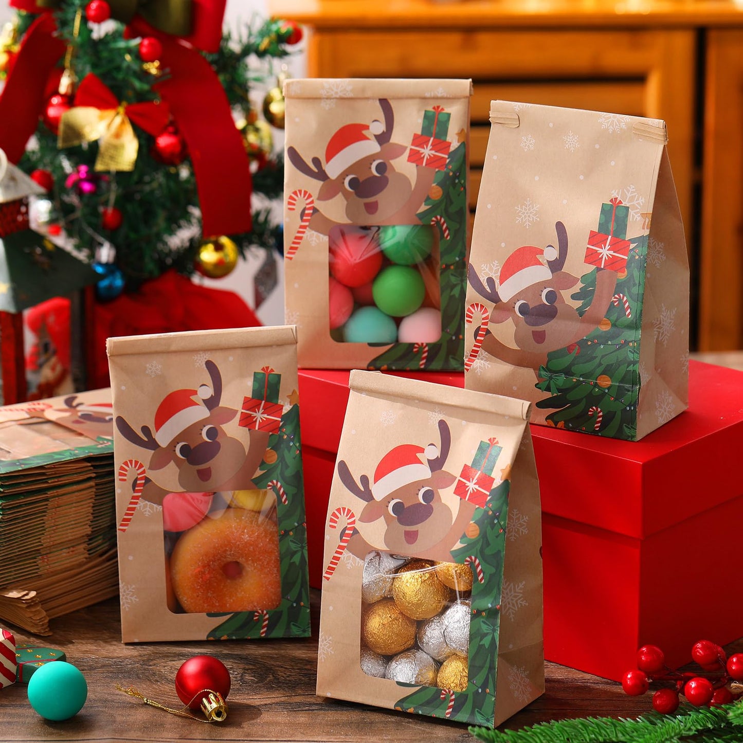 Fullhawl 120 Pcs Christmas Bakery Bags With Window, 4 x 2.36 x 6.7 Inch Tin Tie Tab Lock Small Xmas Kraft Paper Cookie Treat Popcorn Bags for Winter Holiday Party Favor