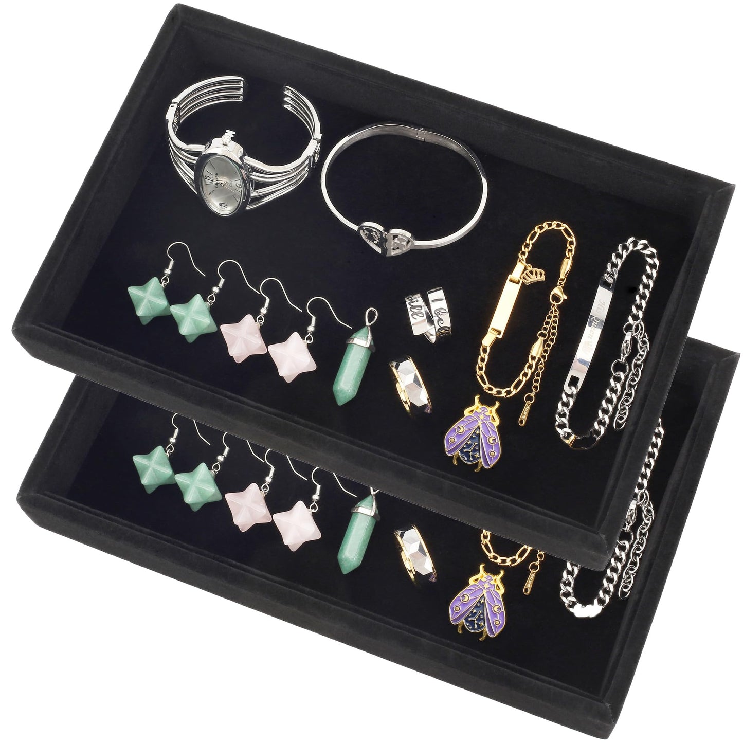 Mornajina 2 Pcs 9" x 5.7" Velvet Jewelry Tray Jewelry Display Tray, Stackable Empty Plate Trays for Earrings Necklaces Bracelet Rings Display Showcase - Black