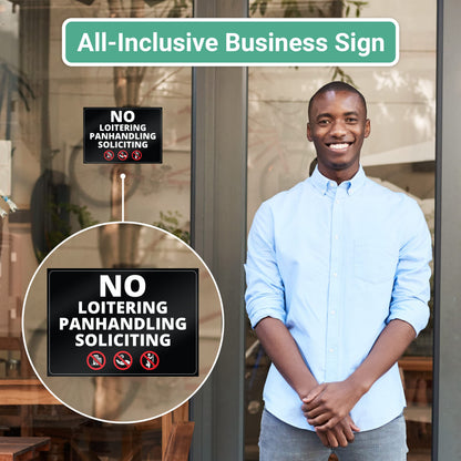 Super Sticky, 3 in 1 Design, No Soliciting, No Loitering and No Panhandling Sticker With Infographics, Weatherproof for Indoor or Outdoor Use, 5in x 7in Size is Perfect Sign for any Business or Office