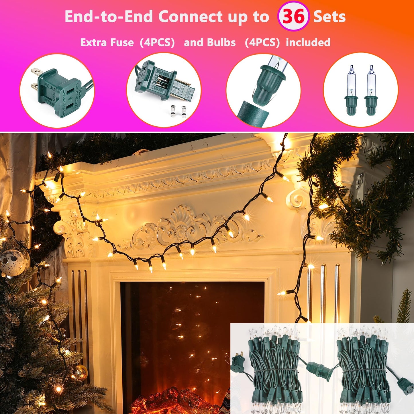 Joomer LED Clear Christmas Lights, 2Pack Total 39FT 200 LED Warm White Christmas Tree Lights, Connectable Waterproof Mini String Lights Plug in for Indoor Outdoor Home Christmas Decoration