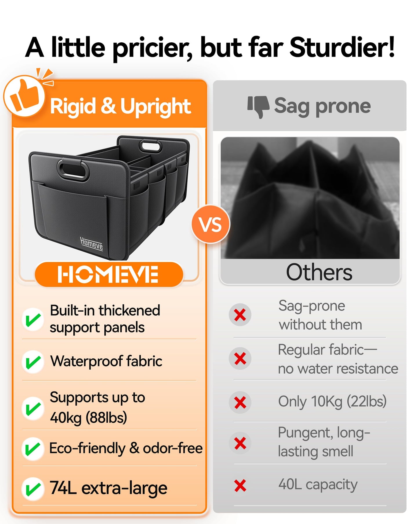Homeve Trunk Organizer, Car Storage, Reinforced Handles, Collapsible Multi-Compartment, Foldable, Waterproof, Sturdy, 600D Oxford Polyester For Car, SUV, Mini-Van, Black, 2 Compart