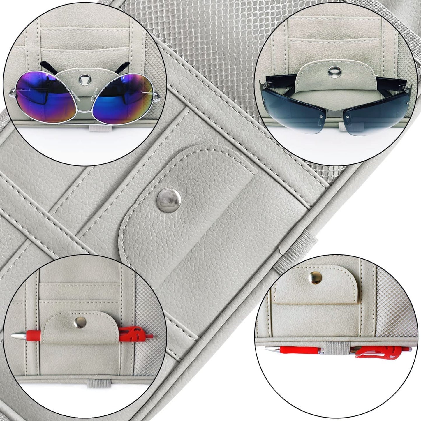 Qitdathn Car Sun Visor Organier Truck SUV Sun Visor Storage Pocket Pouch Holder, Multi-Pocket PU Leather with Zipper Net, for Cards Pens Sunglasses Document (Gray)