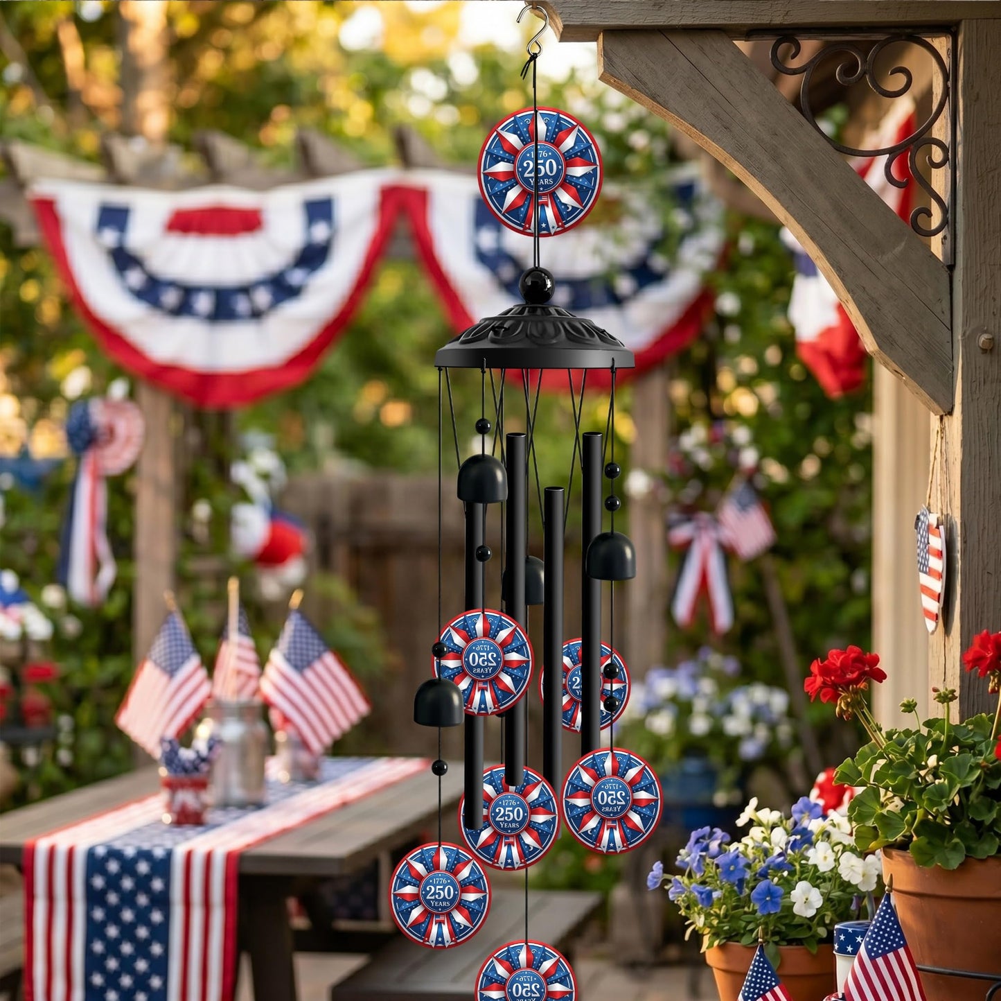1776-2026 Patriotic Wind Chimes for Outside, Red White Blue American Flag Hanging Wind Chime with Stars and Bells, Outdoor Wind Chimes for Garden Decor, Porch Patio Yard Balcony Decor