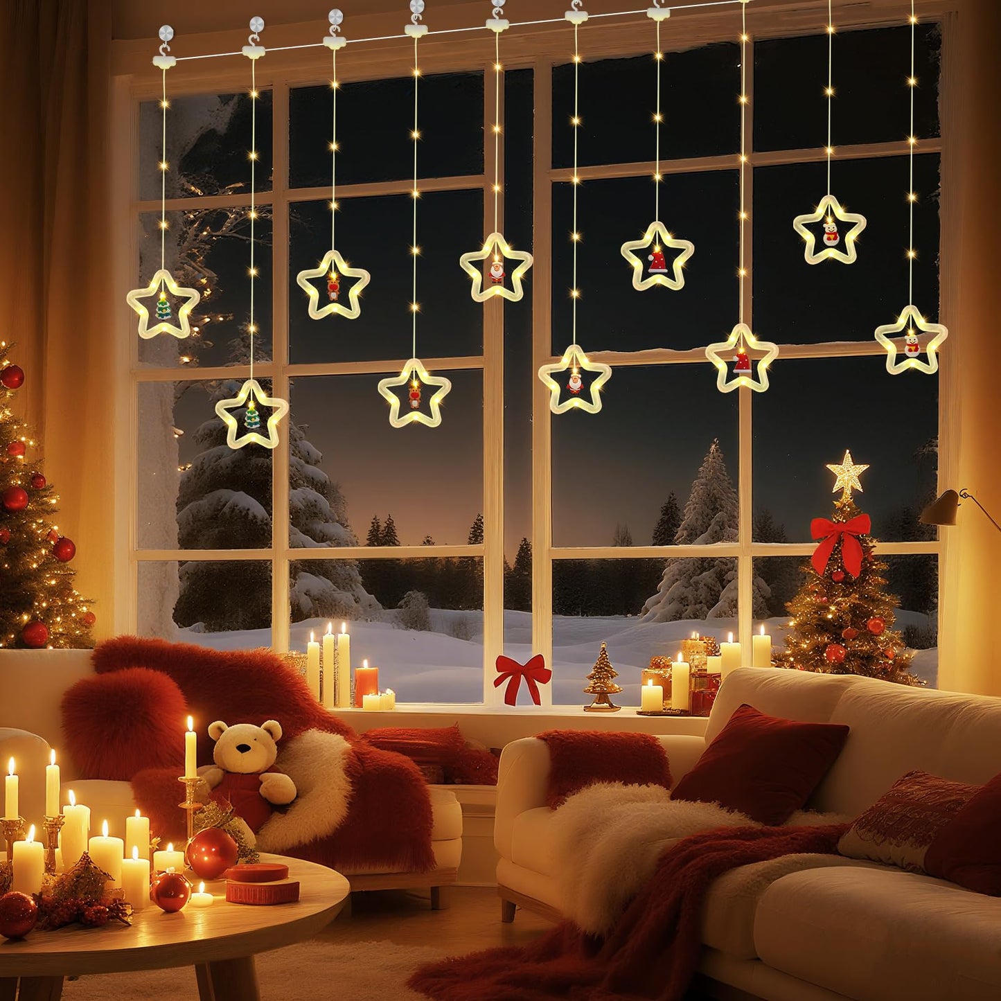 BomKra Christmas Star Curtain Lights, Christmas Window Lights Decor with Remote,8 Lighting Modes, IP65 Waterproof, 10 Hooks Christmas Decorations Indoor Outdoor for Bedroom Party Wall Door Window