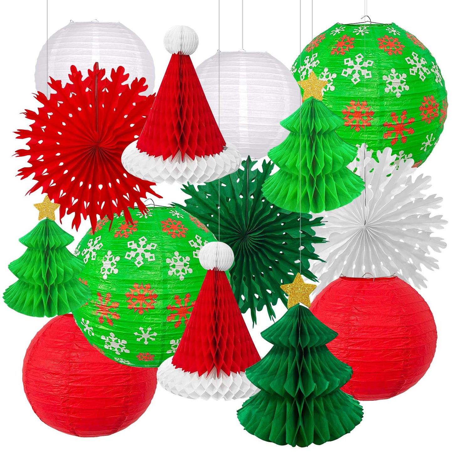 14PCS Christmas Honeycomb Hanging Paper Lantern Decorations Set, Pine Tree Star Christmas Hat Red Green White Snowflake Lanterns Paper Fans for Christmas Party Home Decoration Supplies