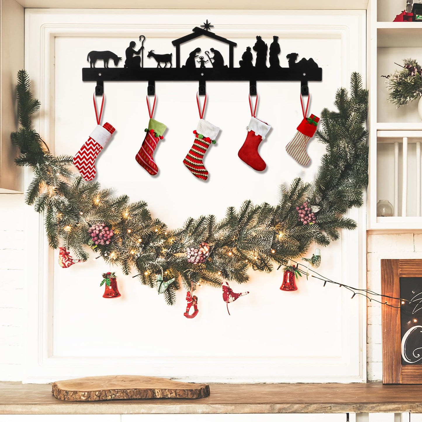 Blulu 1 Pcs Christmas Stocking Wall Rack with Hangers Holder Stand Metal Stocking Hangers Mantel Wall Mount Hook Holder for Mantle Entryway Holiday, Black (Nativity)