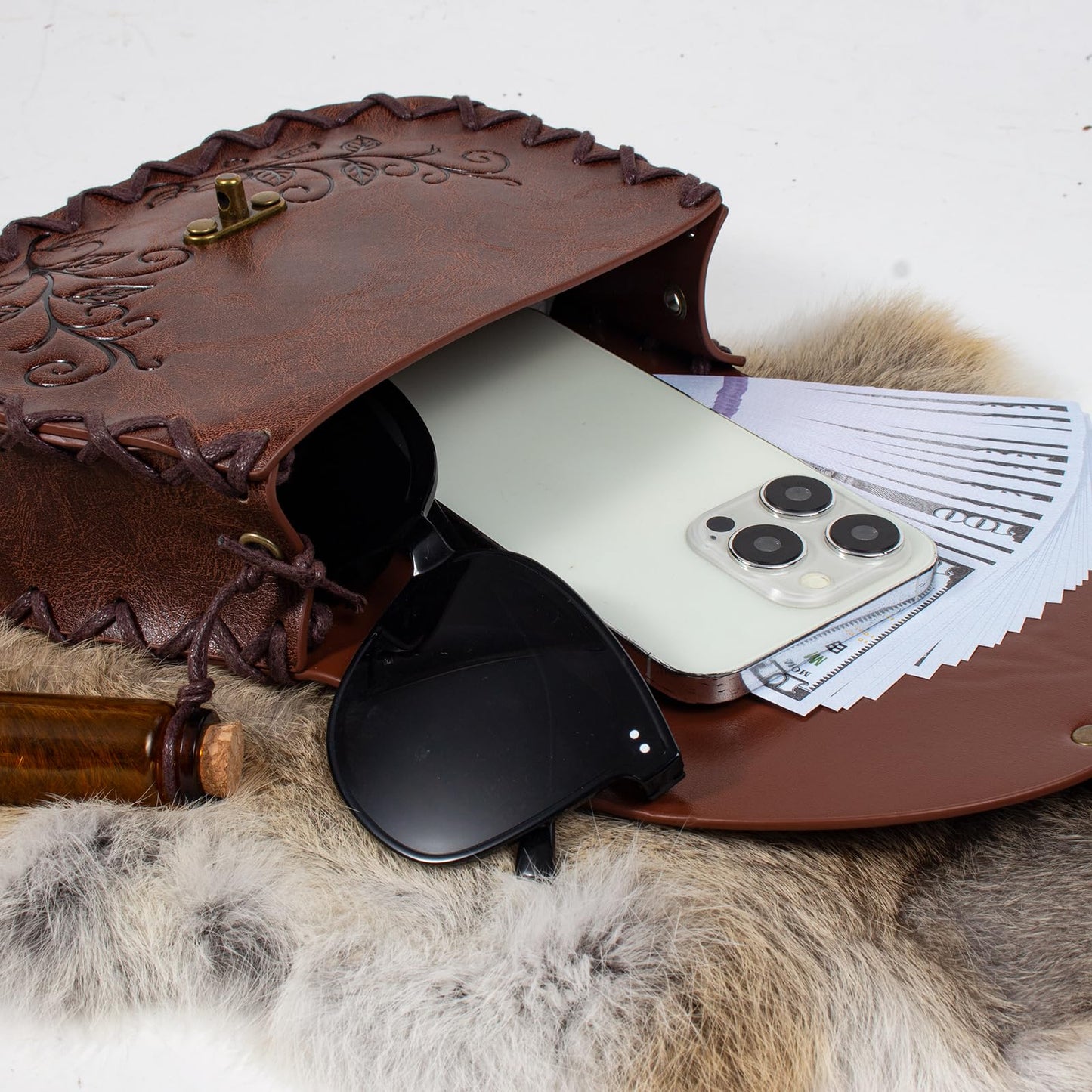 Retro Belt Pouch Medieval Retro Faux Leather Renaissance Costume Forest Elf Leaf Belt Bag Ren Faire Casual Waist Bag (Brown)