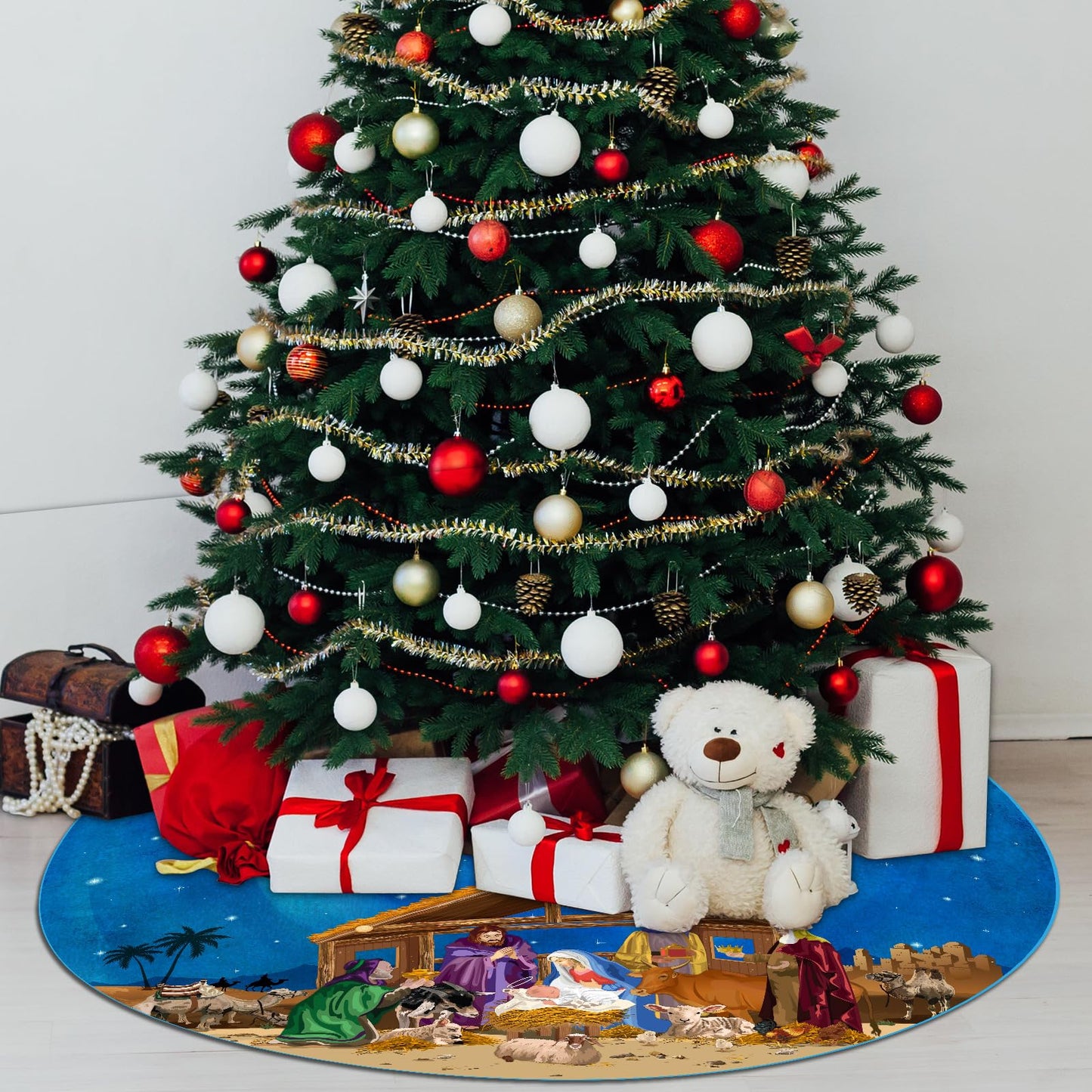 Blosssound Christmas Tree Skirt Christian Christmas Tree Mat Winter Holiday Party Decoration for Xmas Farmhouse Indoor Outdoor Decor Supplies(48 Inch,Blue)