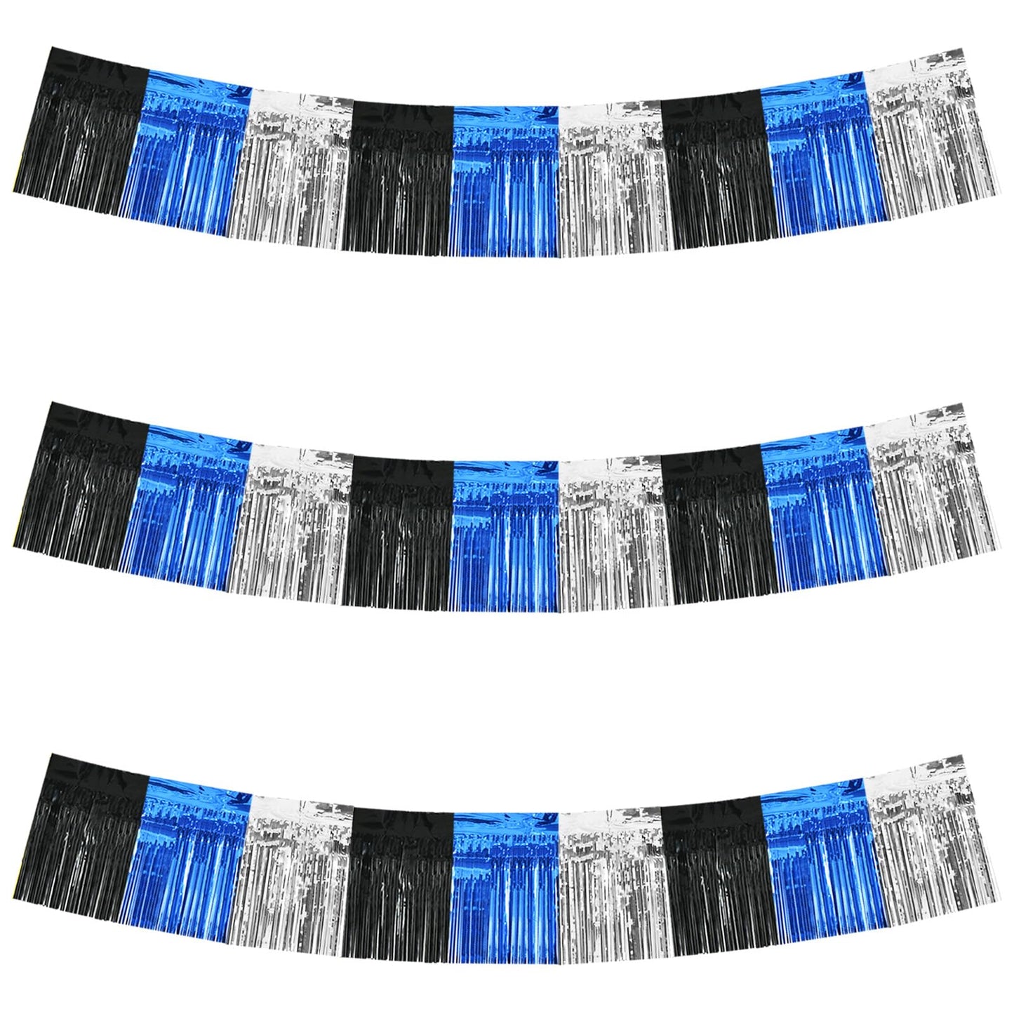 BEISHIDA 3 Packs Metallic Foil Fringe Garland Black Blue Silver Wall Hanging Tinsel Fringe Banners for Car Floats Bridal Shower Wedding Birthday Graduation Holiday Party Decoration(30 Feet)