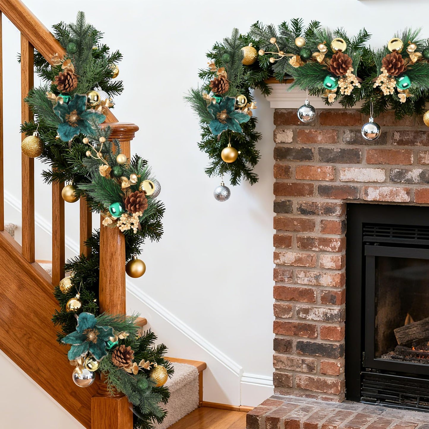 Fiarbrty 18 Inch Christmas Floral Picks and Sprays, 4 Pack Christmas Decorations with Gold Balls, Pinecones, Blue Eucalyptus & Berry Stems for DIY Wreath, Christmas Tree, Mantel, Table Centerpiece
