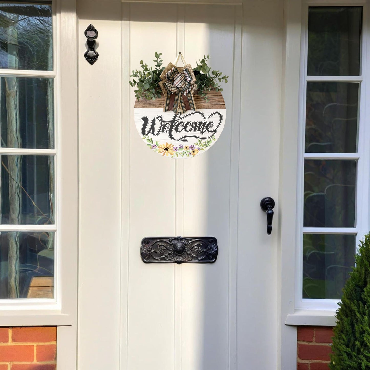 Welcome Sign Front Door Decoration 12 Inch Round Wood Wreath Wall Hanging Outdoor, Farmhouse, Porch, Suitable for Spring Summer Fall Seasons Holidays Christmas (Grass Green)
