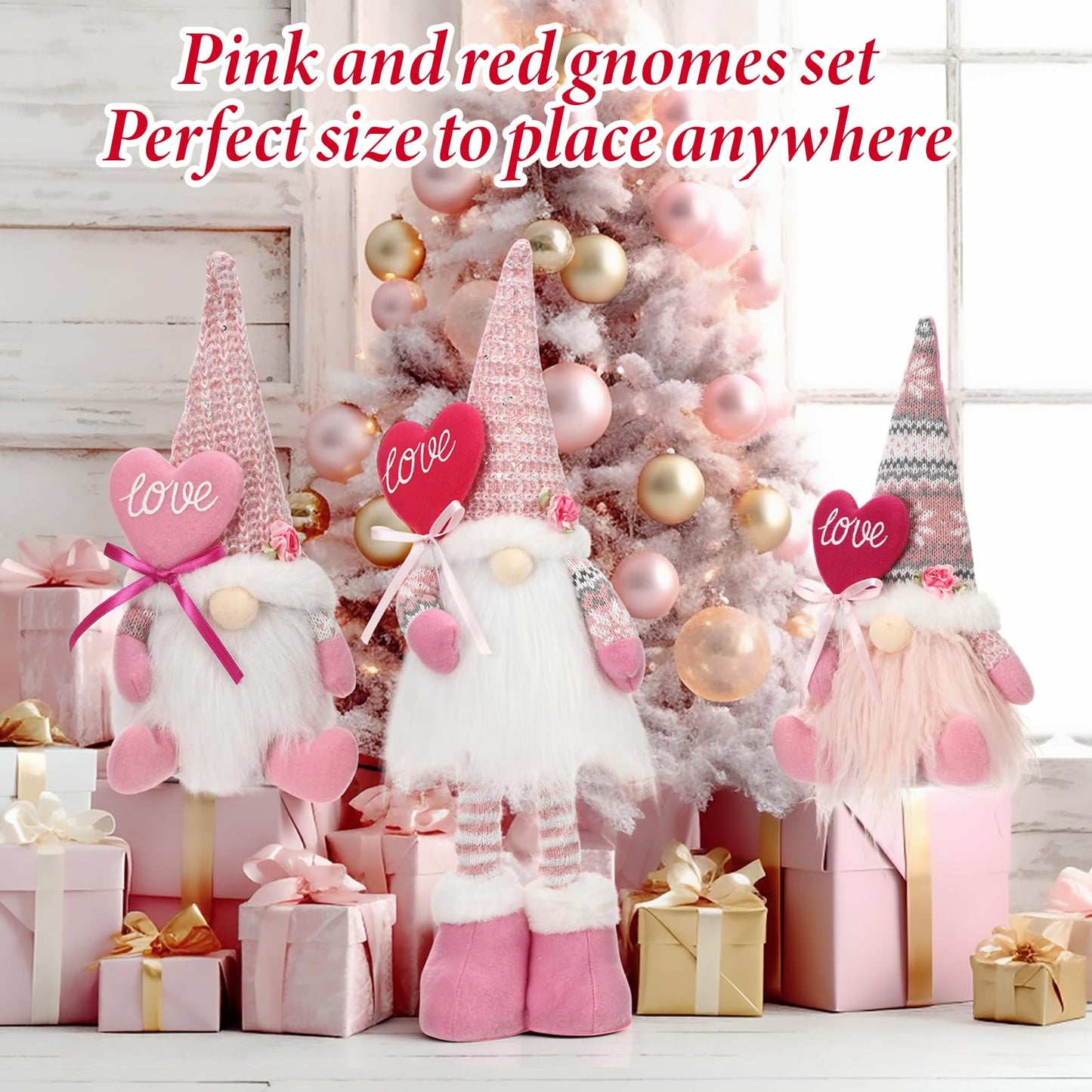Sumind 3 Pcs Valentines Day Gnome Decorations Valentines Gnome Plush with Hearts Pink Handmade Gifts with Long Legs Table Tired Tray Decor Romantic Date Engagement Gift for Her Him