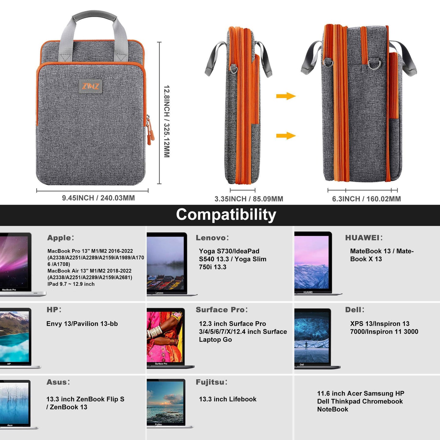 ZINZ Laptop Shoulder Bag 12.3-13 inch Case Sleeve, Expandable Handbag with Valuables Compartment Compatible with MacBook Air/Pro/Neo 13", iPad 12.9"/13"/11", Shockproof,Gray-Orange edge