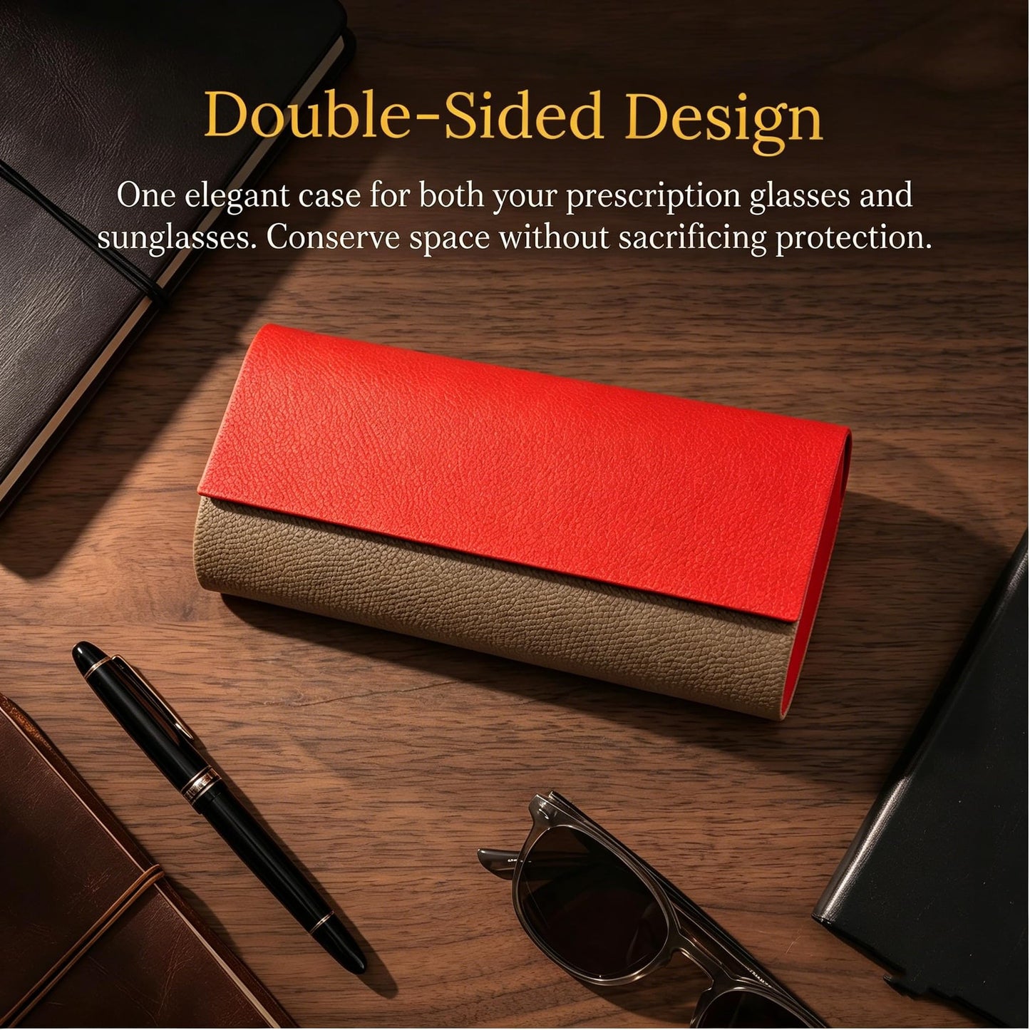 MBQBBBZ Double Glasses Case Hard Shell,Double Sunglasses Case & Double Eyeglass Case with Cleaning Cloth & Storage Pouch (Red-Gray)