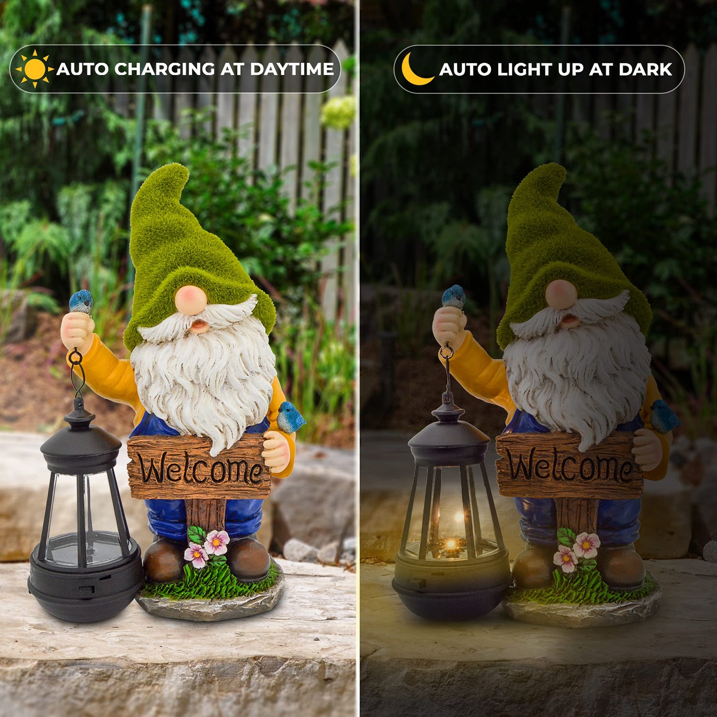 Olekki Christmas Garden Gnomes Outdoor - Flocked Gnome Statue Holding Lantern with Solar LED Lights | Gnomes Garden Decorations for Patio, Yard, Lawn Ornaments - Gnome Gifts