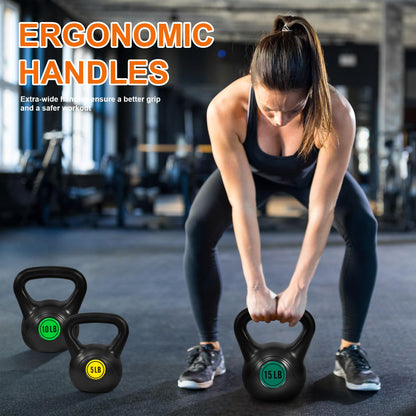 Fitvids Wide Grip 3-Piece or 4-Piece Kettlebell Exercise Fitness Weight Set, Include 5 lbs, 10 lbs, 15 lbs and 20 lbs, Set of 3 or Set of 4