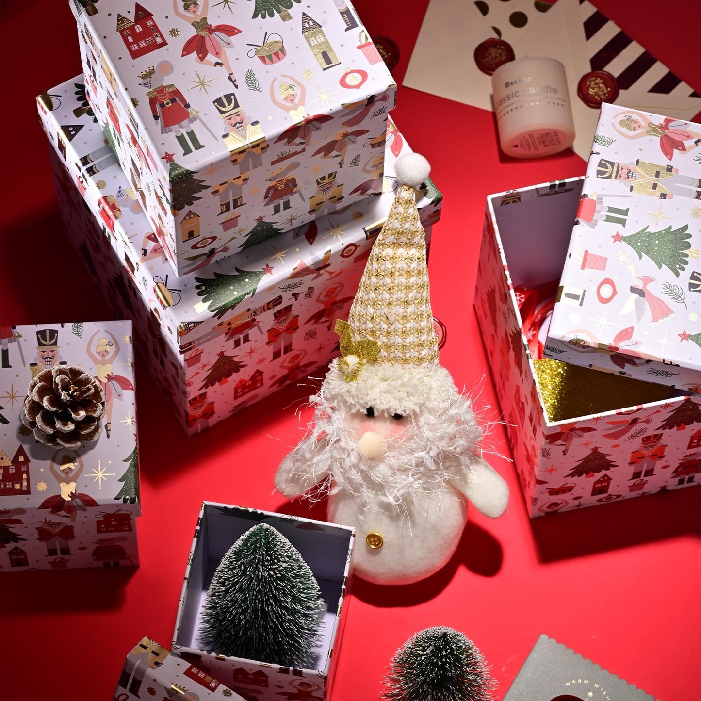PAPER FAIR 5PCS Christmas Nesting Gift Boxes with Lid, Xmas Nested Box Set, 5 Sizes, Square Stackable, White Ballerina Nutcracker Paper Box Tower Décor, for Holiday Thanksgiving New Year Packaging