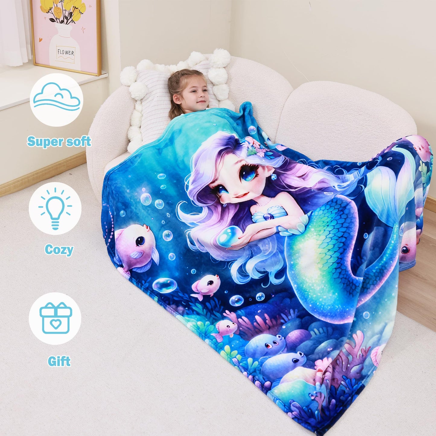 Softan Kids Throw Blanket for Girls & Boys, Warm Soft Toddler Fleece Blankets for Sofa Couch Bed， Cozy Fuzzy Plush Flannel Kids Throw Blanket for Daycare & School - 50x60In Blue Mermaid