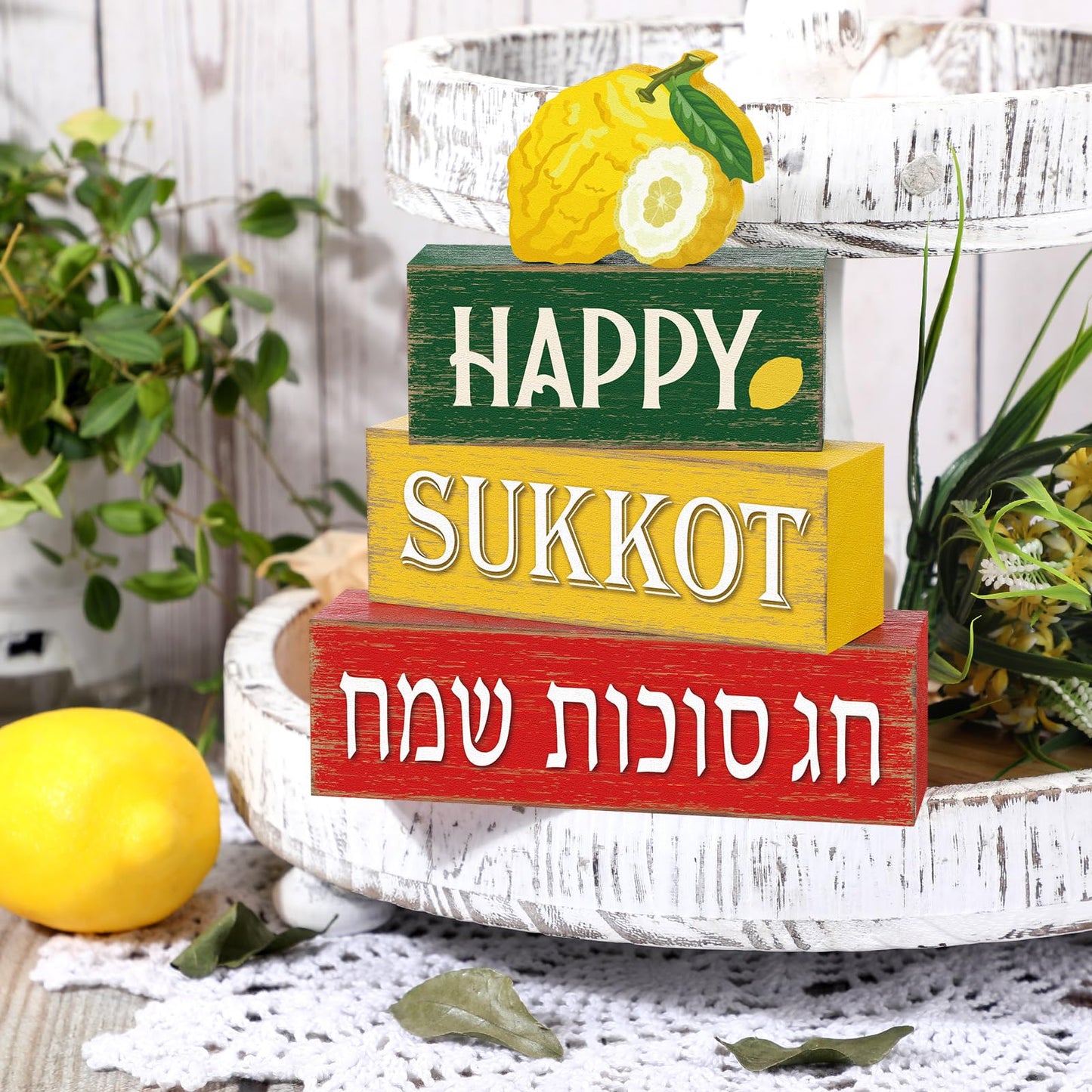 Marsui 4 Pcs Happy Sukkot Table Decor Rustic Sukkah Decorations Etrog Wooden Signs Centerpiece Farmhouse Sukkot Tiered Tray Decor for Home Office Desk Jewish Festival Decorations