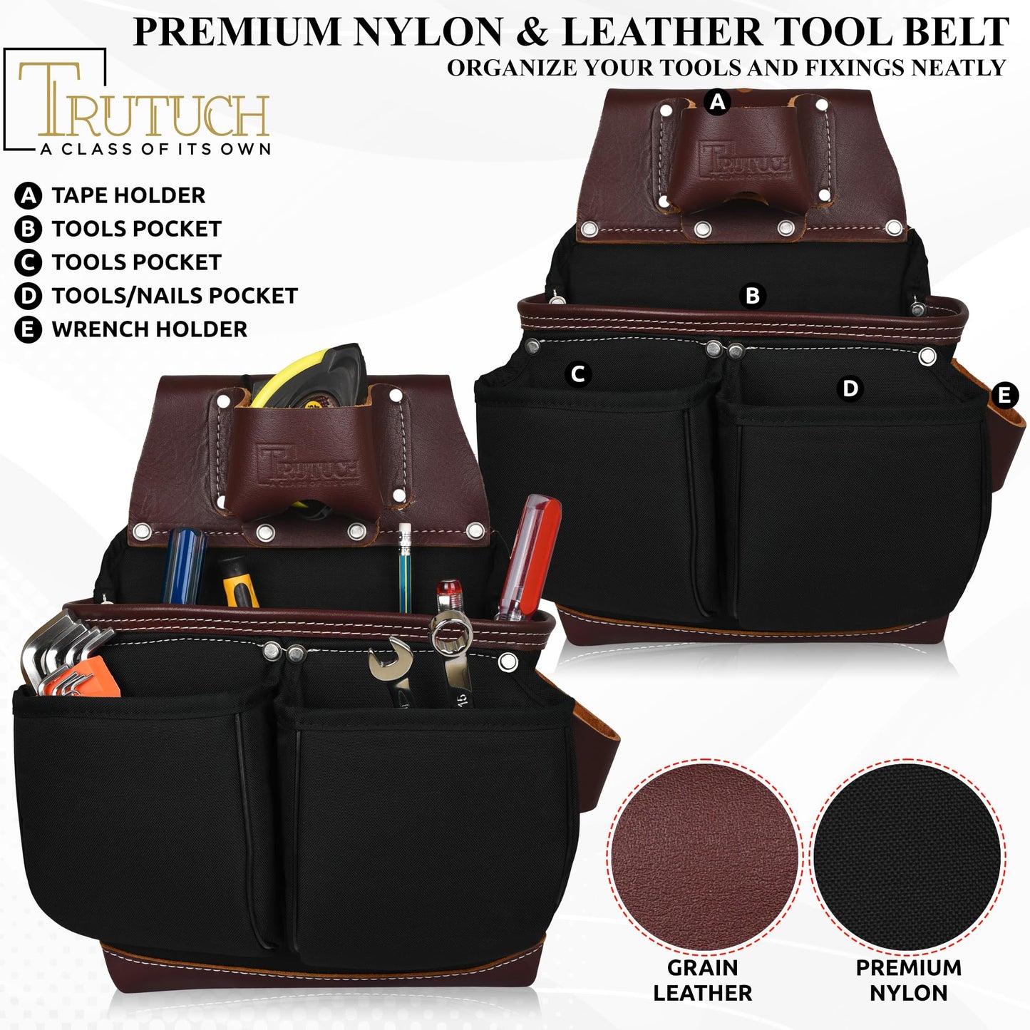 TRUTUCH Nylon and Leather Tool Belt | Framing Tool Bags | Nylon Tool Pouch | Carpenter Tool Belts | Construction | Framers | Electrician Tool Belt (Black)