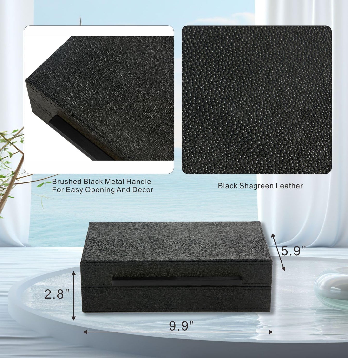 Black Small Decorative Box With Handle Faux Leather keepsake And Memory Storage Boxes Desk accessory Organizer (Black-Black, 1pack)