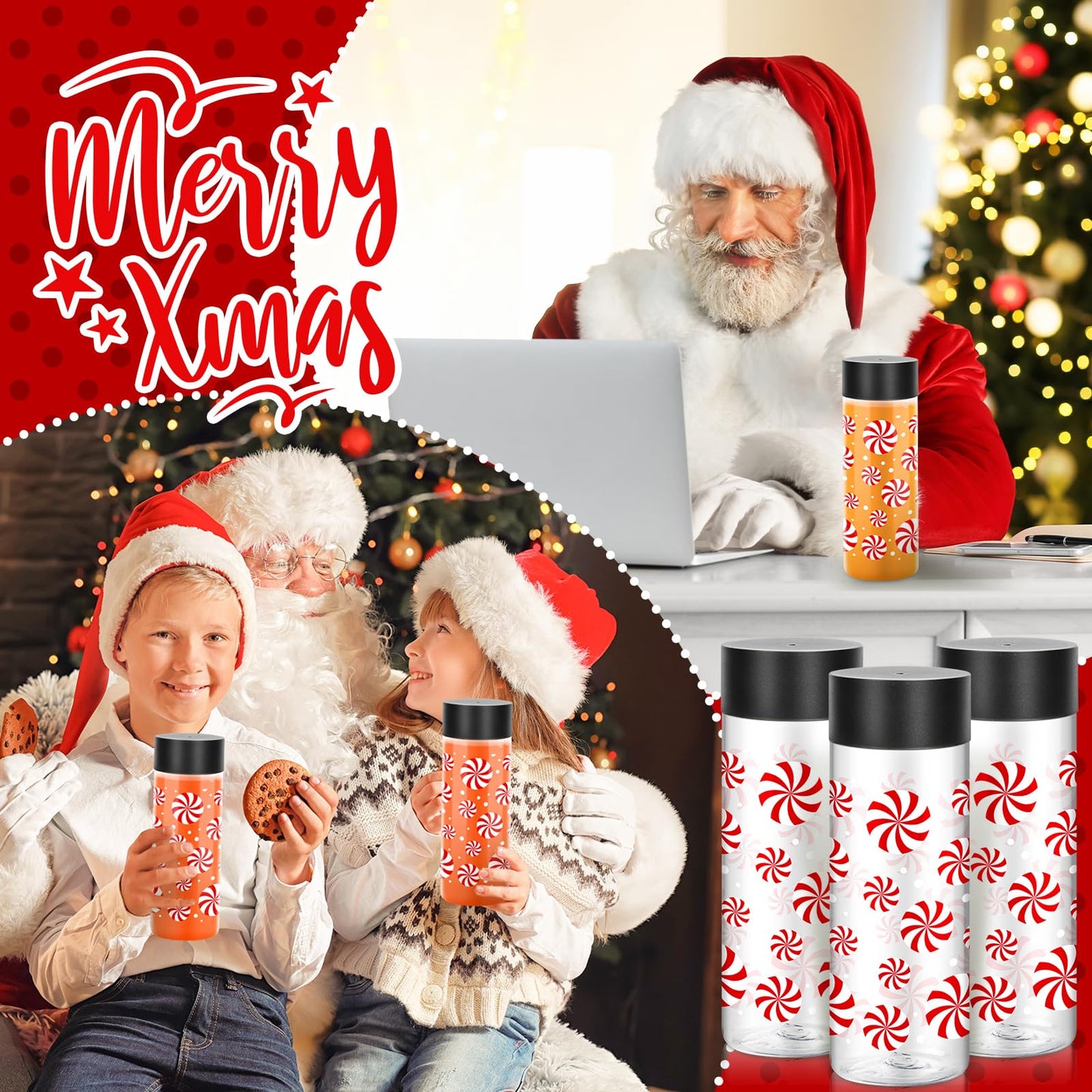 FYSUIMU 24 Pcs Christmas Plastic Cups with Lids Xmas Candy Reusable Plastic Tumbler Empty Clear Drink Containers Water Bottles for Storing Smoothie Milk Tea Juice Beverages Xmas Party Favors Supplies