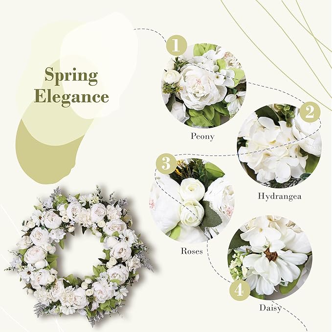Peony Wreath 23" Floral Artificial Wreath for Front Door Wall Decor Home Décor Festival Celebration Wedding Party New Owners Seasonal Decoration Housewarming Gifts EZsenses (White)