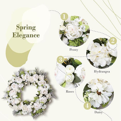 Peony Wreath 23" Floral Artificial Wreath for Front Door Wall Decor Home Décor Festival Celebration Wedding Party New Owners Seasonal Decoration Housewarming Gifts EZsenses (White)