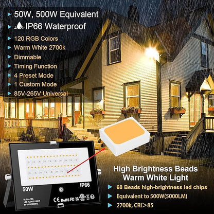 Outdoor LED Flood Light RGB Color Changing 500W Equivalent 2700k WarmWhite 5000LM Spotlight(Remote Control, 120 Colors Strobe, Dimmable,24H Timer, US 3-Plug)