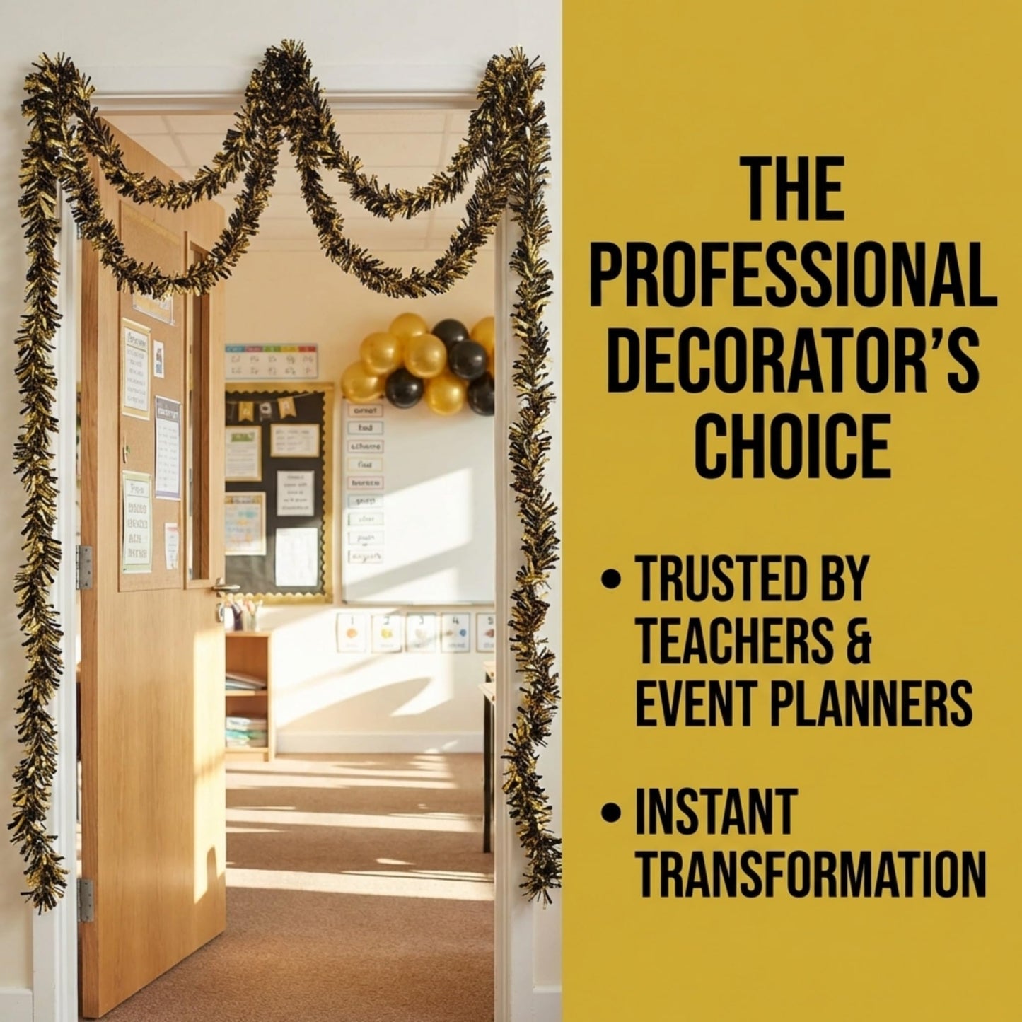 Anderson's Metallic Black & Gold Tinsel Twist Garland, 25ft Holiday Decoration, Christmas Tree Trim, Parade Float Decor, Party Supplies, Halloween, Graduation, Indoor Outdoor Event Garland