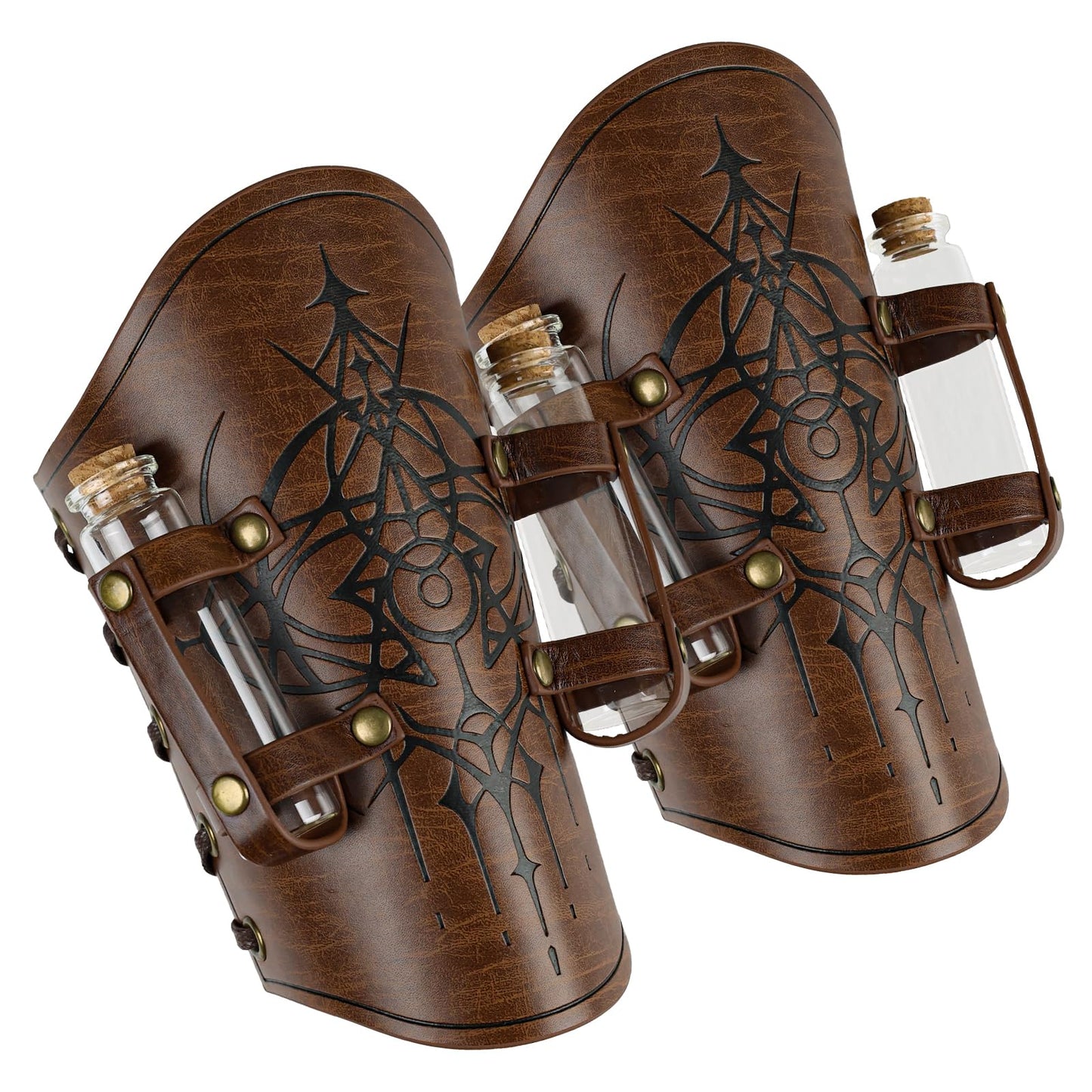 HiiFeuer Women’s Medieval Embossed Alchemy Bracers with 2 Cork Vials, Fantasy Faux Leather Buckle Arm Guards Archer Gauntlets (Brown B)