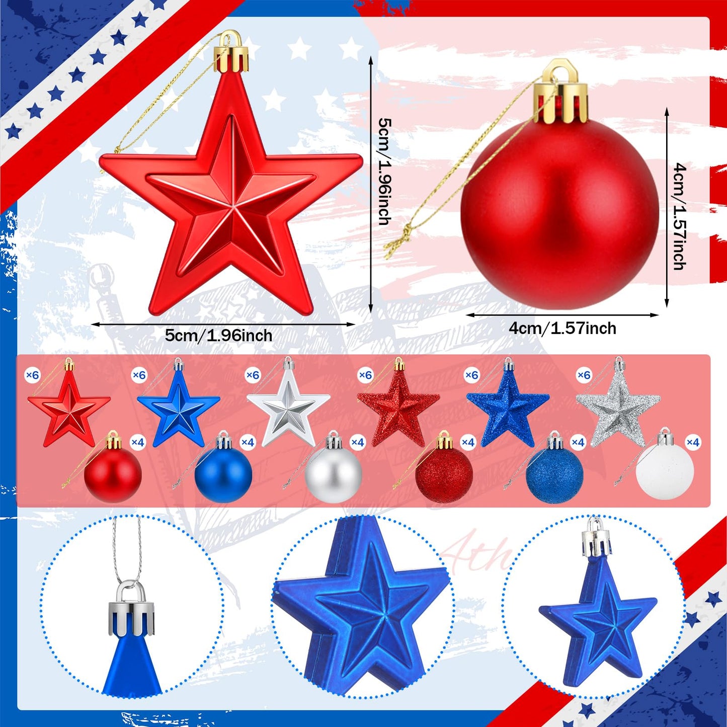 Janinka 60 Pcs Patriotic Star Ornaments 4th of July Hanging Star Balls 250th Anniversary Red White and Blue Stars Balls Ornaments for USA Veteran Independence Day Decor