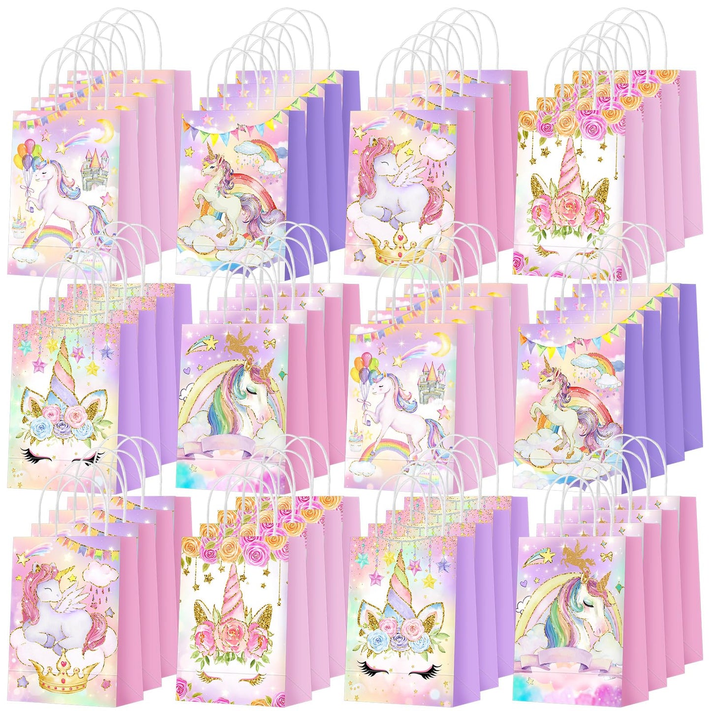 Kolldenn 48 Pcs Unicorn Party Favor Bags for Birthday Party Supplies Cute Unicorn Gift Goodie Paper Bags with Handles Rainbow Goody Treat Candy Pouch‌ for Girls Birthday Baby Shower Decorations