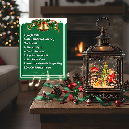 Christmas Snow Globe Lantern Water Glittering Santa Claus & Pups with Music & Timer, USB Lined/Battery Operated Lighted Lantern for Christmas Festival Decoration Gifts