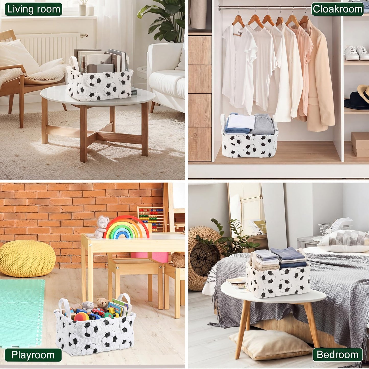 Yiyiring 2 Pcs Soccer Storage Baskets 14x10'' Back to School Gift Basket Foldable Fluffy Laundry Storage Bin with Handle Sport Theme Closet Organizer for Preppy Dormitory Countertop Tabletop Shelf
