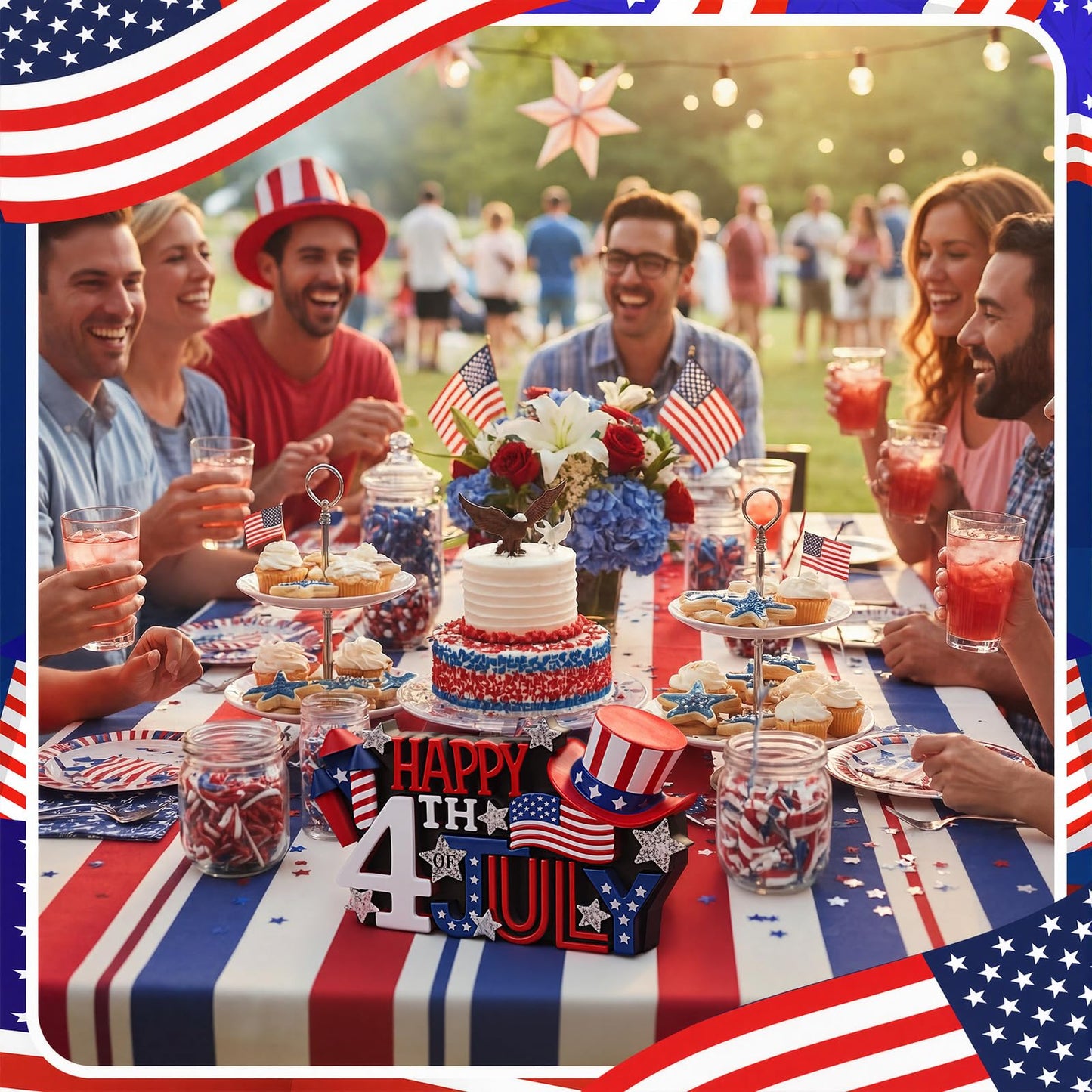 Simgoing 1 Pack Happy 4th of July Decoration Resin Patriotic Figurines Table Decor Red Blue White Sign Independence Day Statue Tabletop Centerpiece for 250th Anniversary Home Office Tiered Tray Shelf