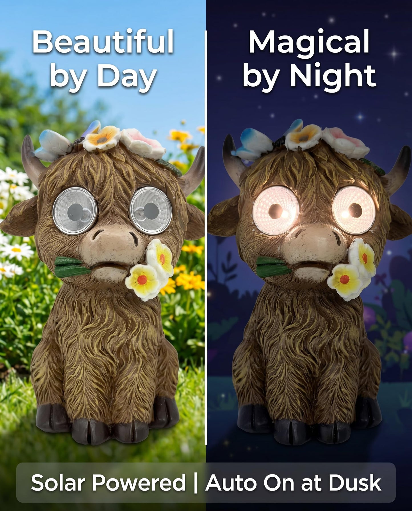 iStatue Solar Highland Cow Garden Statue with LED Light – Cute Resin Cow Figurine Outdoor Yard Decor, Waterproof Lawn Ornament, Gift for Women Mom Garden Lovers (1-Pack)