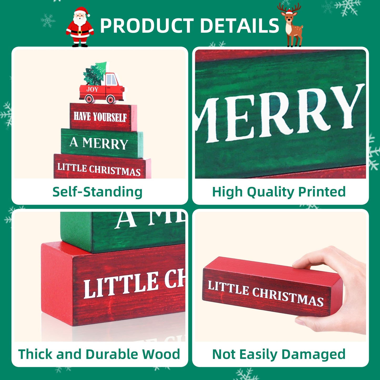 4 Pcs Christmas Wooden Tiered Tray Decor, Merry Christmas Decorations Gifts for Home, Winter Table Centerpiece for Xmas Party Kitchen Office