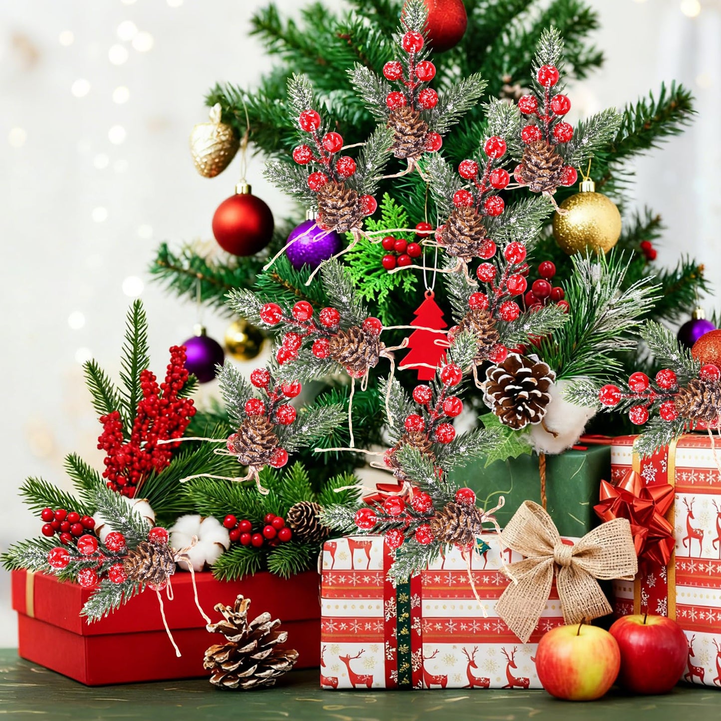 Christmas Berries Red Stems Evergreen Pine Branches 8pcs Christmas Picks Spray Artificial Pine Cones Holly Stem Craft Winter Holiday Floral Picks for Decoration DIY Xmas Garland Wreath Ornaments