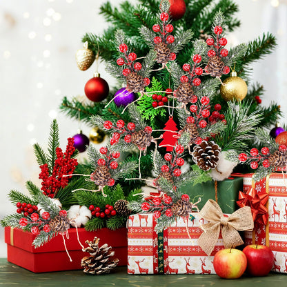 Christmas Berries Red Stems Evergreen Pine Branches 8pcs Christmas Picks Spray Artificial Pine Cones Holly Stem Craft Winter Holiday Floral Picks for Decoration DIY Xmas Garland Wreath Ornaments