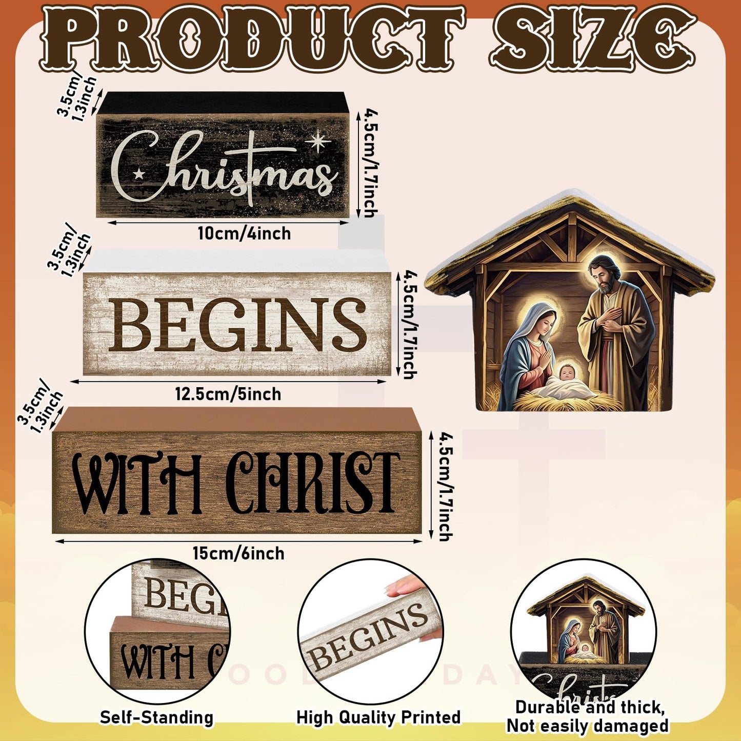 Moucuny 4 Pcs Christmas Table Decoration Christian Wooden Stacked Block Decor, Christmas Begins with Christ Signs with Nativity Scene Topper, Rustic Religious Xmas Tiered Tray Decor for Home Church