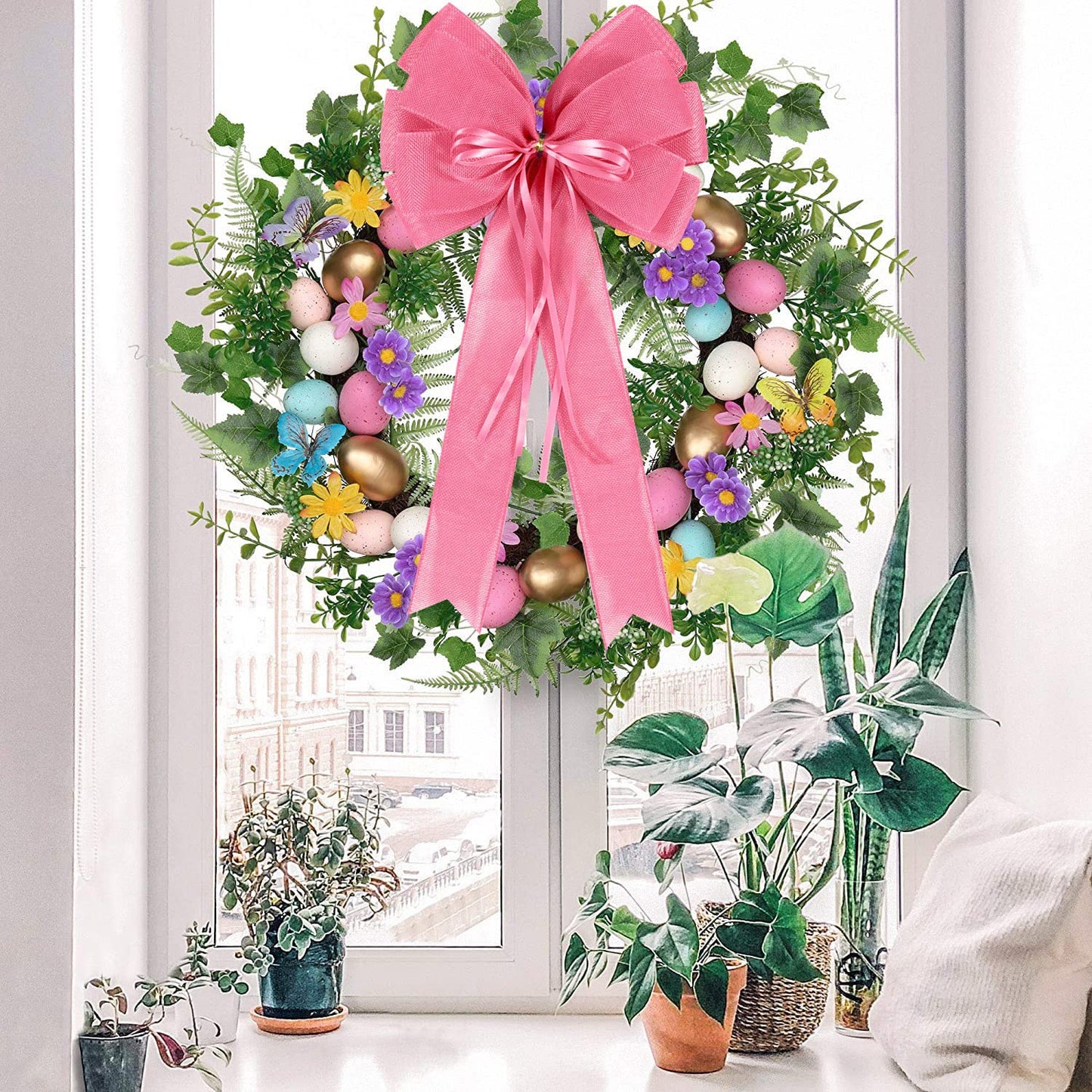 2 Pcs Large Pink Easter Wreath Bows Decor,Spring Tree Topper Bow Decorations with Pink Burlap and Glitter String for Chridtmas Tree Holiday Home Front Door Outdoor