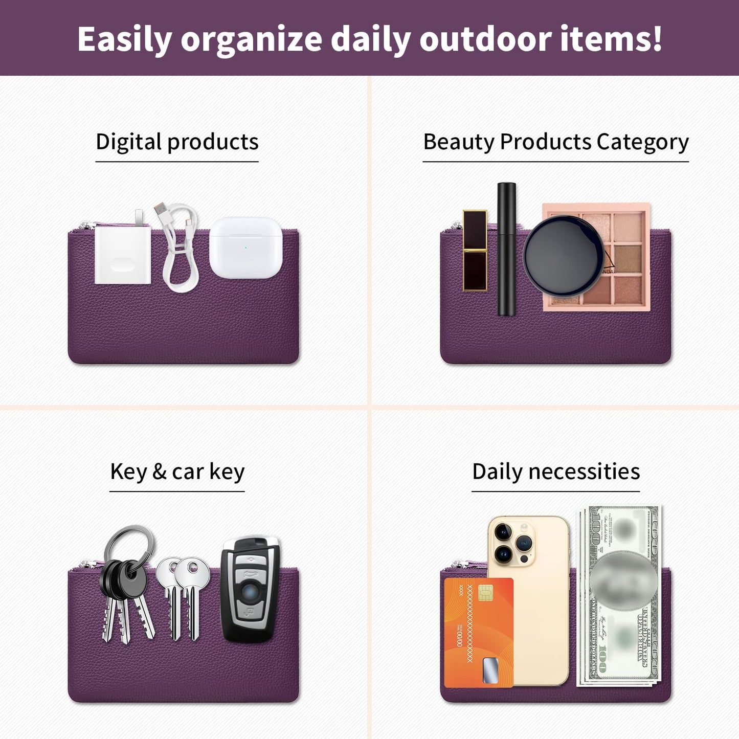 Genuine Leather Zipper Purse, Travel Makeup Bag With Zipper for Men Women Coin Bag Lipstick Cosmetic Accessories Organizer, Travel Kit Storage Pouch (Purple)