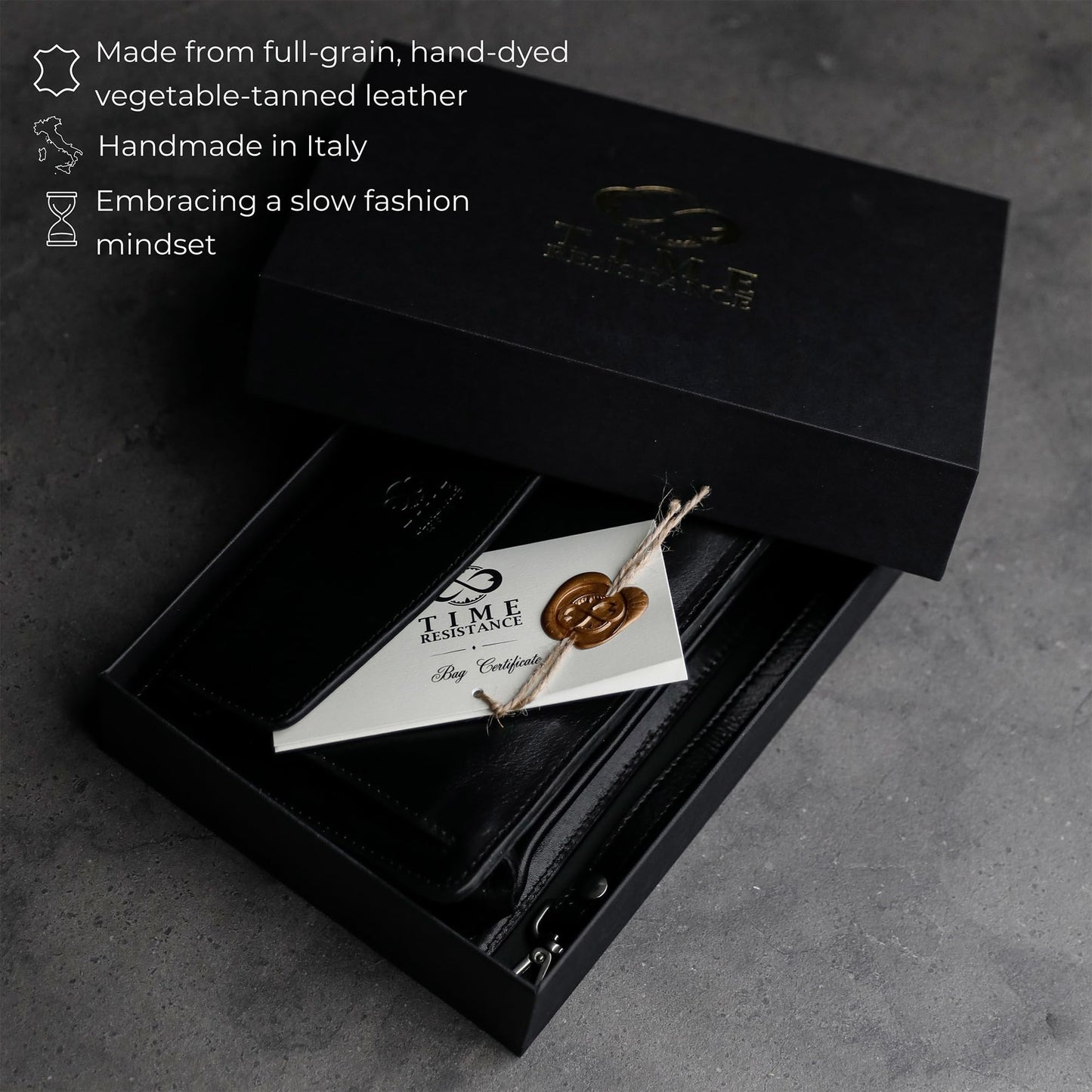 Time Resistance Leather Clutch for Men - Organizer Wrist Bag Briefcase - Handmade in Italy (Black) - Gift Box Included