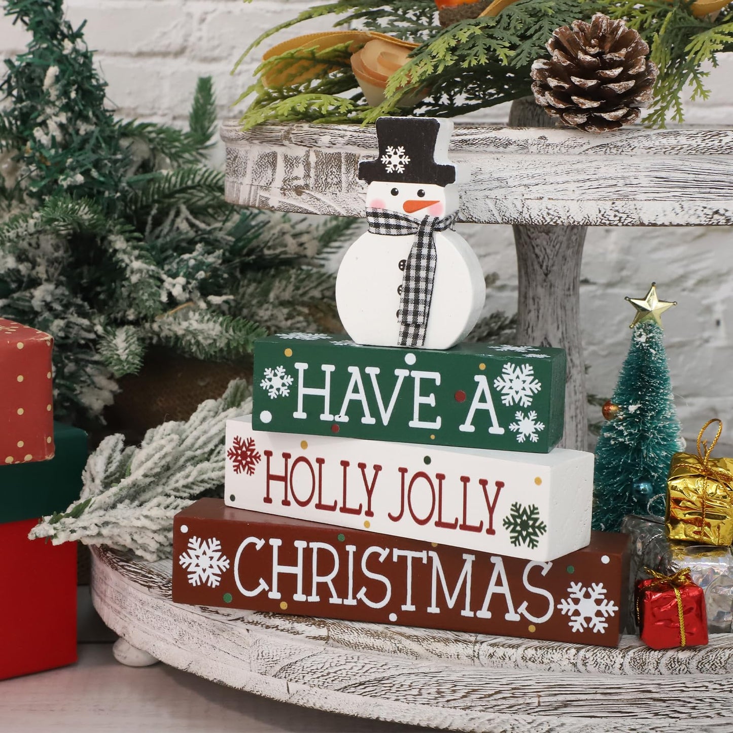 4 Pcs Christmas Decorations Indoor Wooden Snowman Table Sign Decor Table Centerpieces Xmas Merry Christmas Tabletop Block for Holiday Office Desk Tiered Tray Party Shelf Decor Farmhouse Winter
